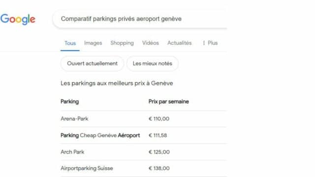Comparatif entre les parkings privés de l’aéroport de Genève - recherche Google Mai 2024