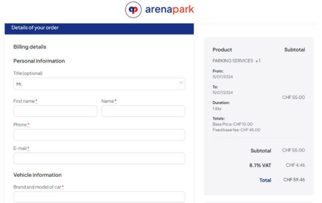 Arena Park online reservation form