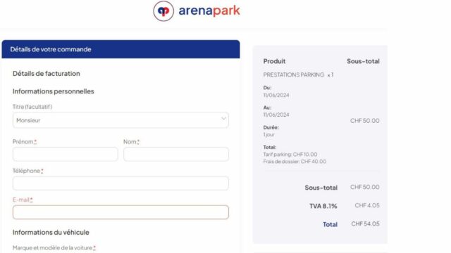 Formulaire de réservation en ligne du parking Arena Park
