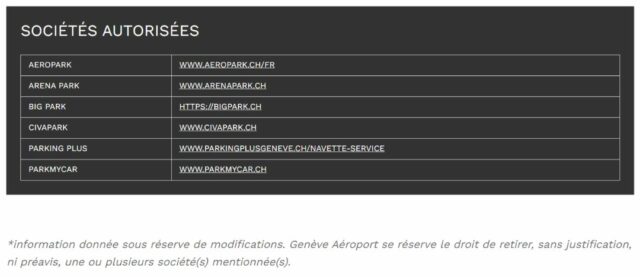Sociétés de parkings privés autorisées par l'Aéroport de Genève